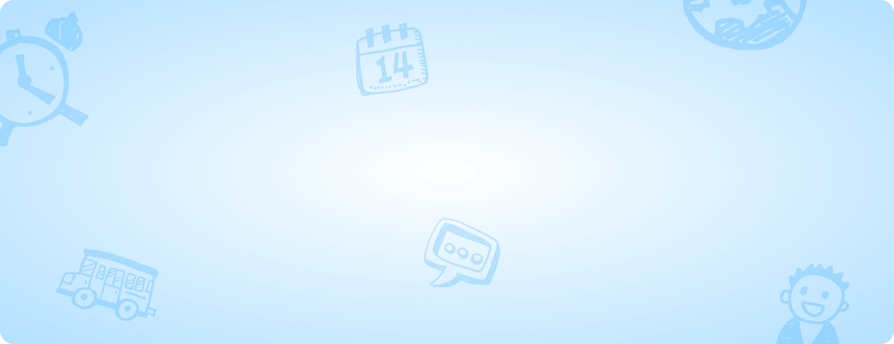 Light blue background with various icons including a clock, calendar, speech bubble, and person.
