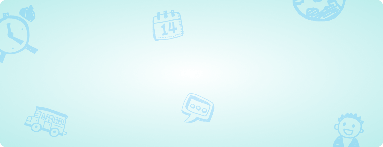 Light blue background with various icons including a clock, calendar, speech bubble, and person.