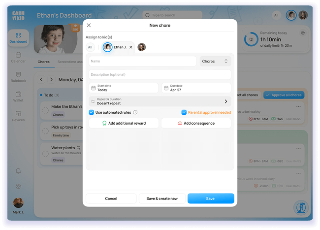 Screen capture of a digital chore management app with a pop-up window on a computer screen.